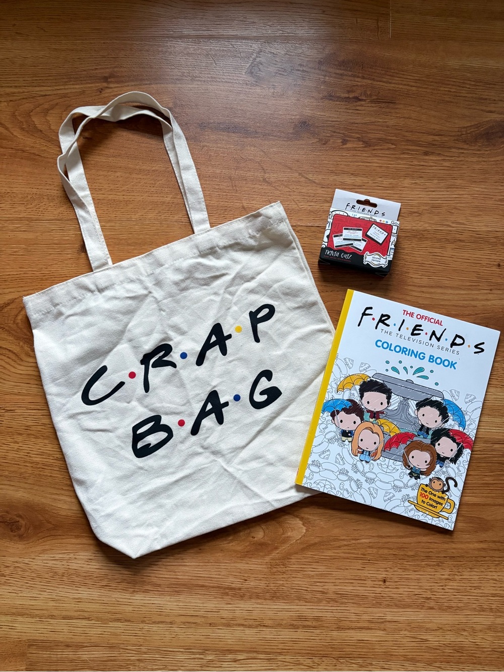 Friends "Crap Bag" Cream Canvas Tote Coloring Book Trivia Bundle
